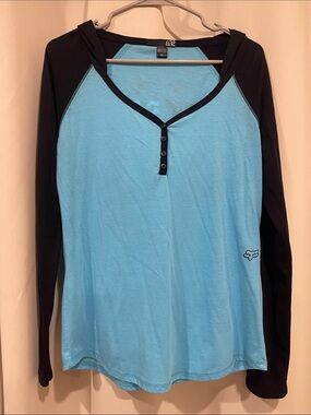 Fox Women's Aqua Blue & Black Hooded Henley Long Sleeve
